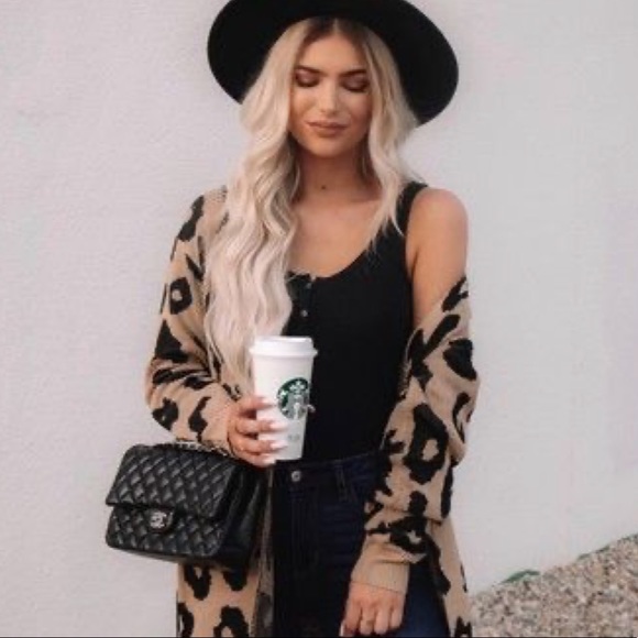 Sweaters - Leopard print long cardigan sweater pocket tan